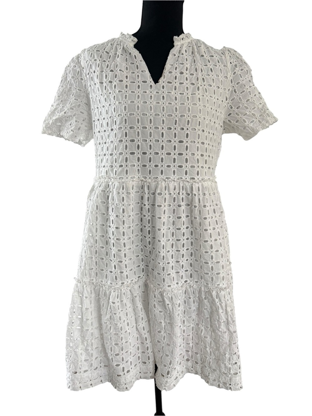 White Eyelet Tiered V-Neck Midi Dress - Picture 2 of 11